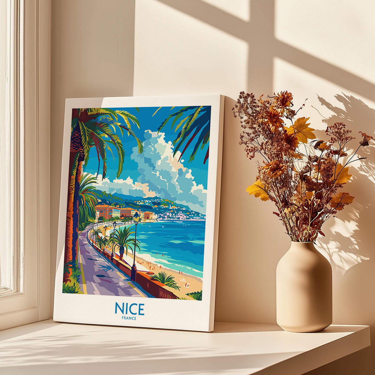 Nice Poster - France showcasing a vibrant beach scene with palm trees and a picturesque coastal view.