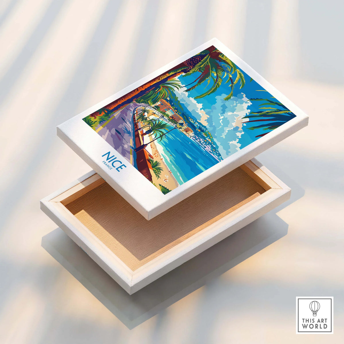 Nice Poster - France featuring vibrant beach scene artwork with tropical palm trees and blue skies.
