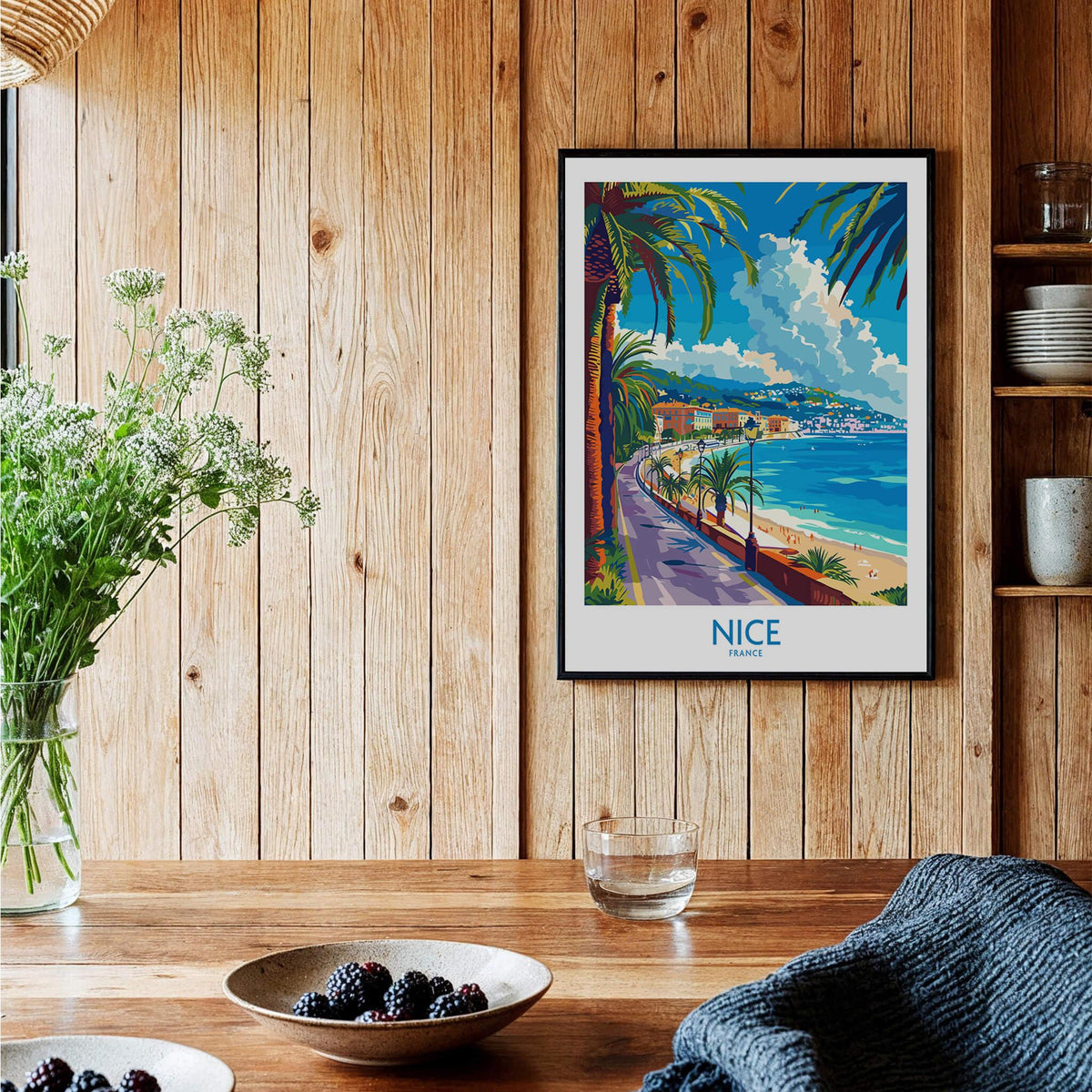 Nice Poster - France showcasing the beautiful seascape of Nice with vibrant colors and palm trees.