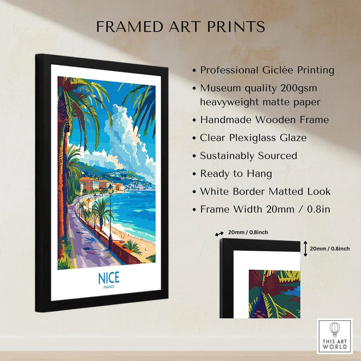 Nice Poster - France featuring vibrant coastal scenery with palm trees and a clear blue sky in a stylish black frame.
