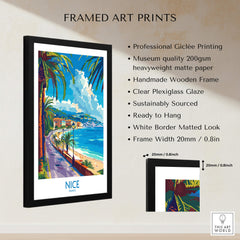 Nice Poster - France featuring vibrant coastal scenery with palm trees and a clear blue sky in a stylish black frame.