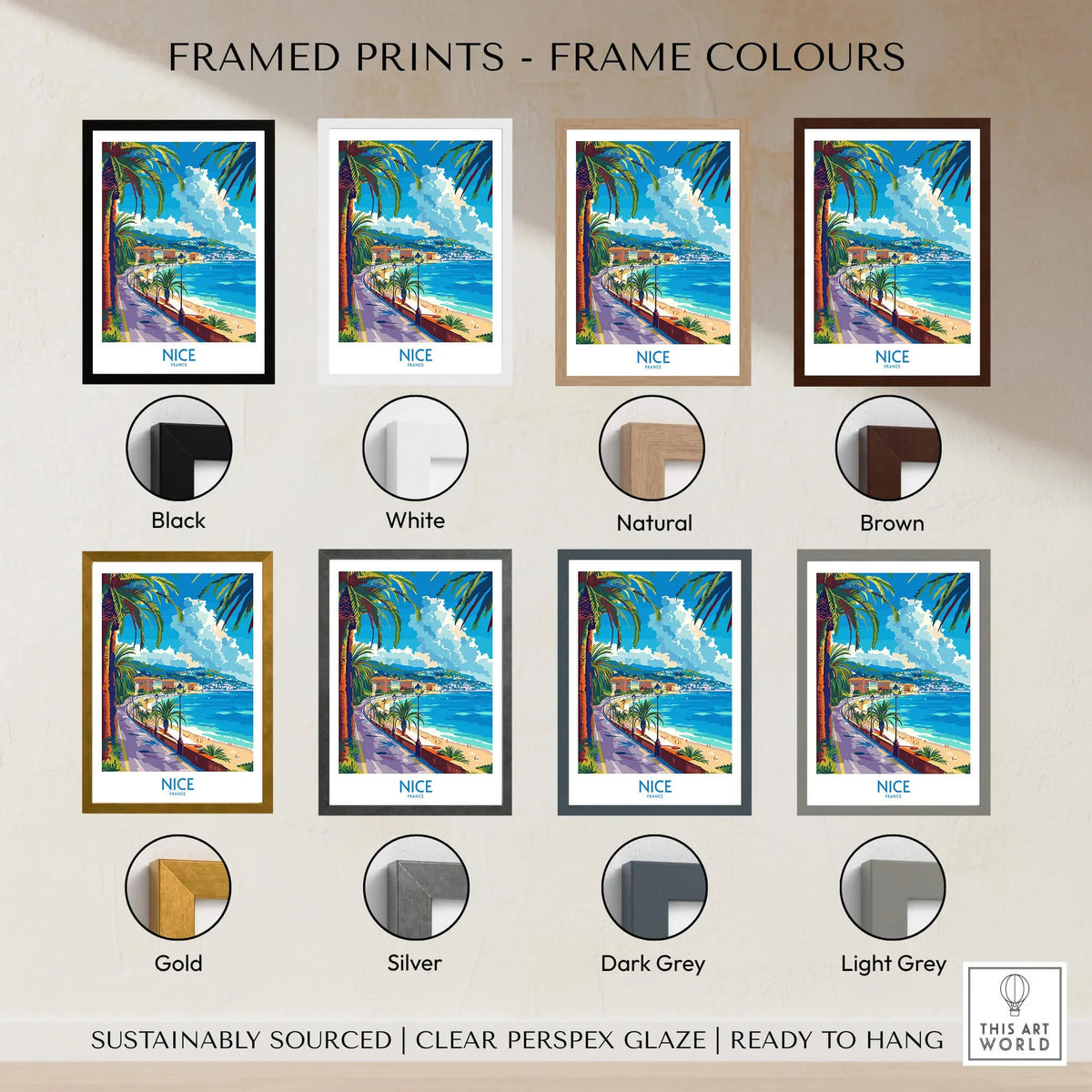 Nice Poster - France available in various frame colors including Black, White, Natural, Brown, Gold, Silver, Dark Grey, Light Grey.