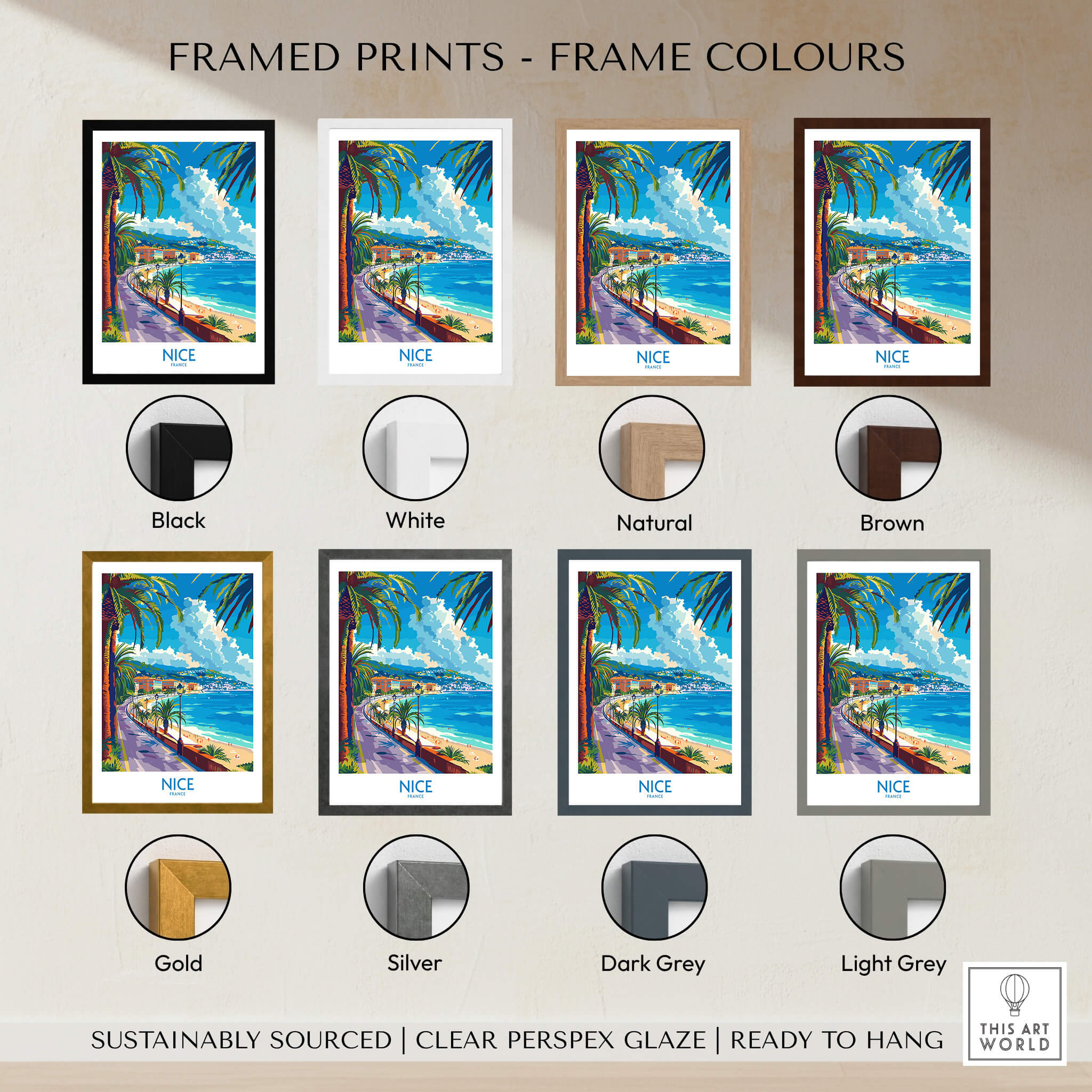 Nice Poster - France available in various frame colors including Black, White, Natural, Brown, Gold, Silver, Dark Grey, Light Grey.