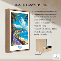 Framed canvas print featuring a vibrant Nice Poster - France showcasing beach and palm trees.