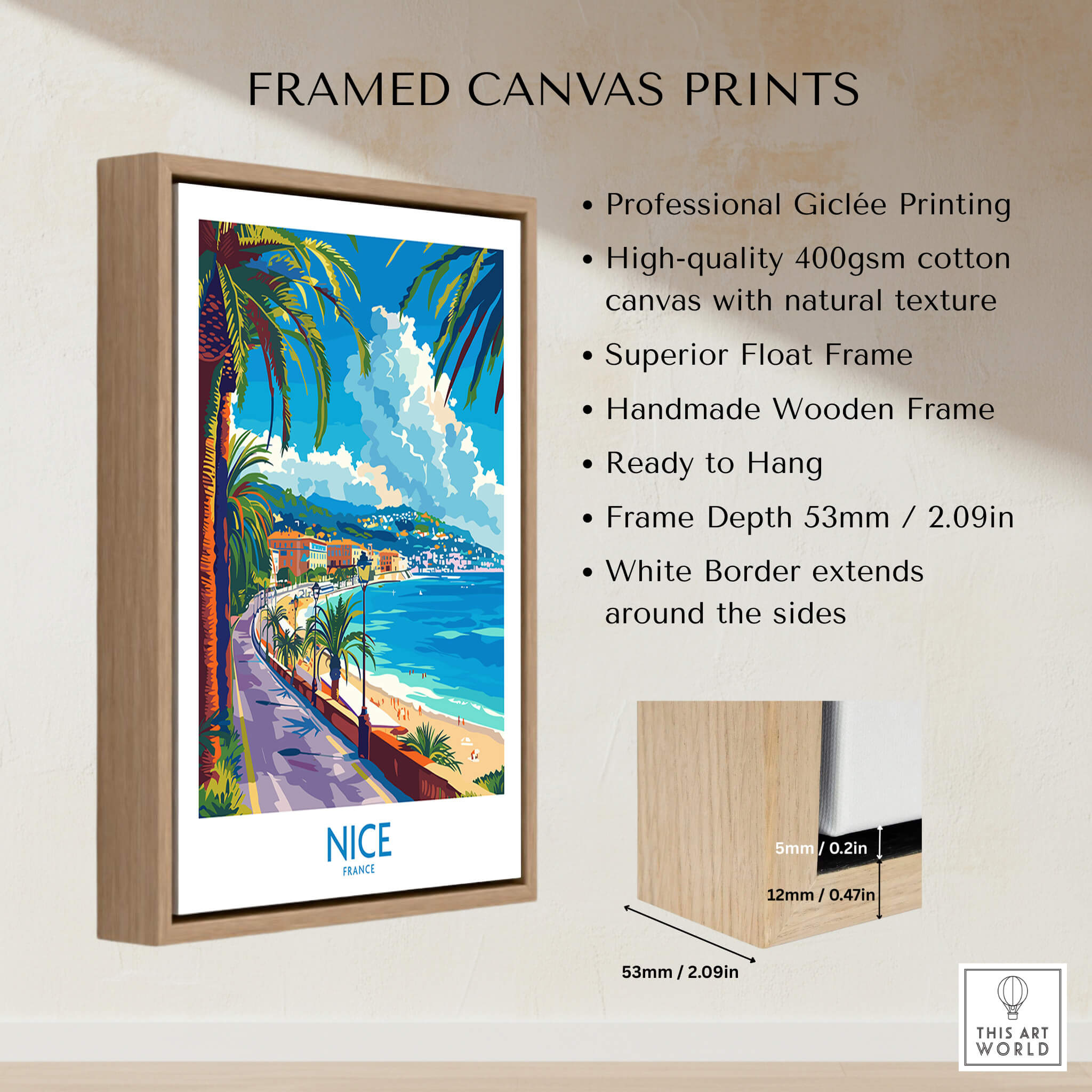 Framed canvas print featuring a vibrant Nice Poster - France showcasing beach and palm trees.