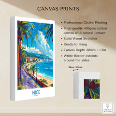 Nice Poster - France showcasing a vibrant coastal scene with palm trees and a beautiful beach.