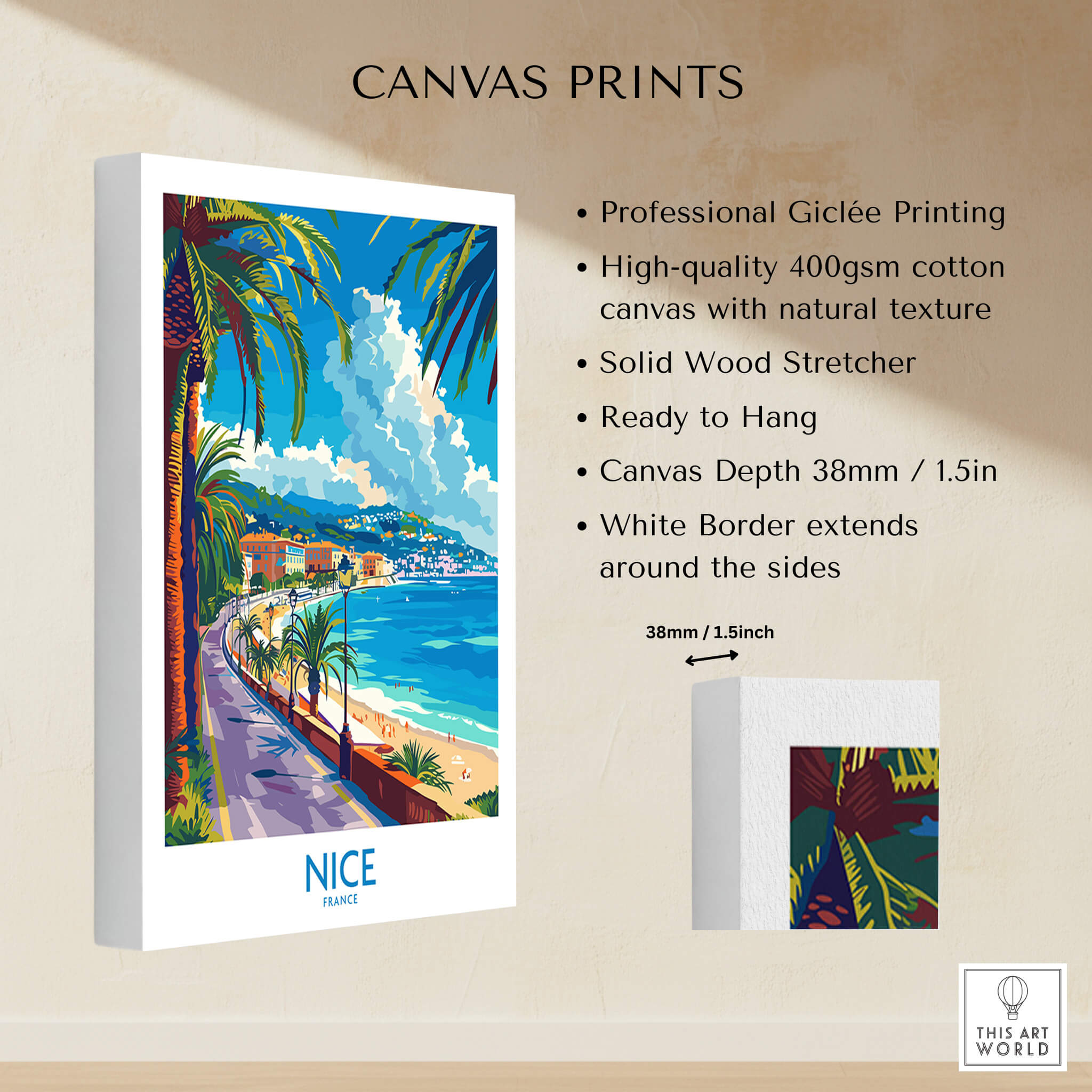 Nice Poster - France showcasing a vibrant coastal scene with palm trees and a beautiful beach.