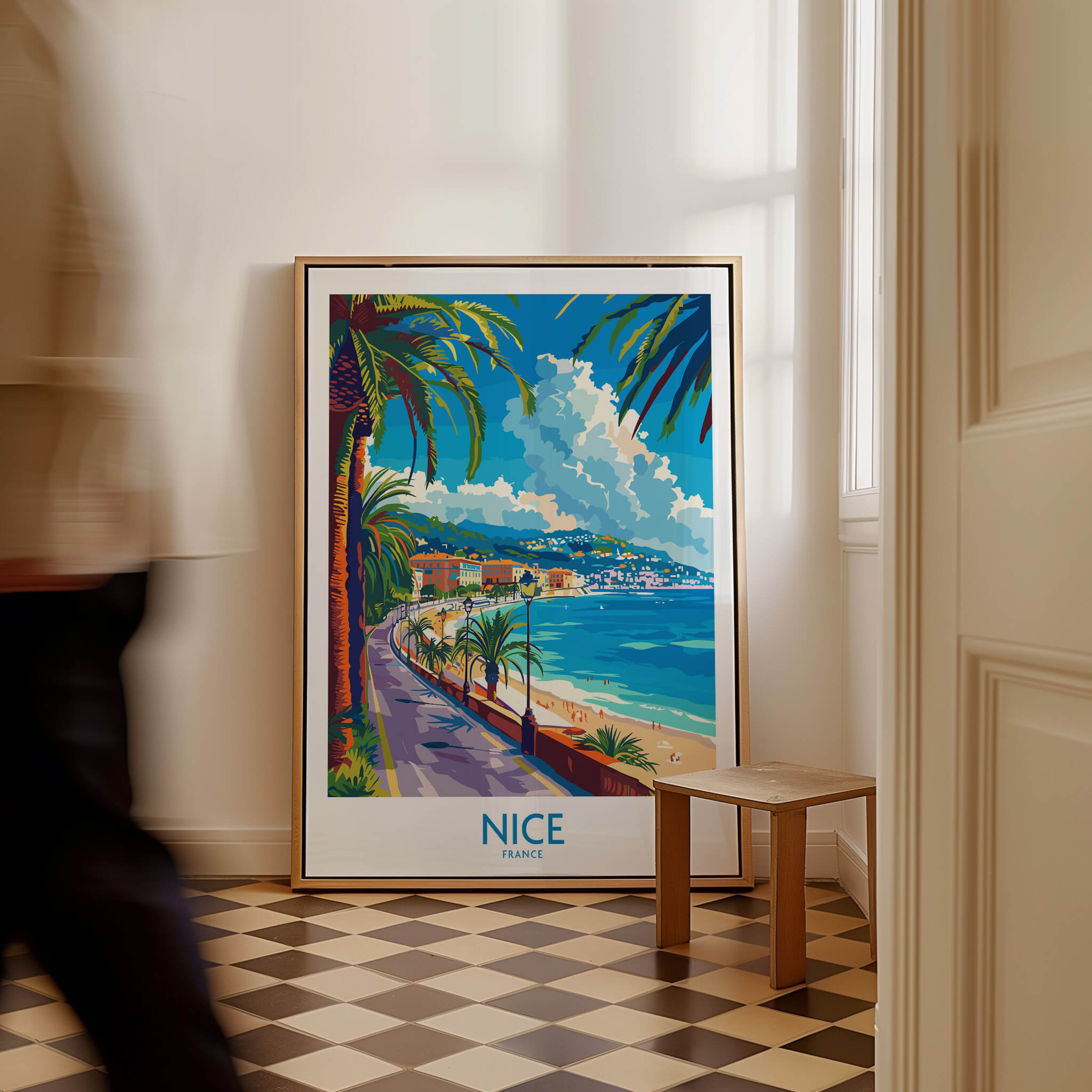 Nice Poster - France showcasing a vibrant coastal scene with palm trees and beautiful blue waters.