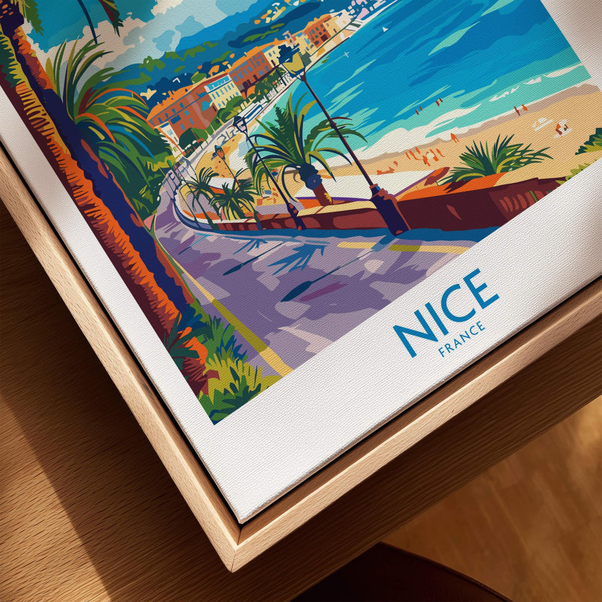 Nice Poster - France showcasing a vibrant beach scene in Nice, featuring palm trees and sunny skies.