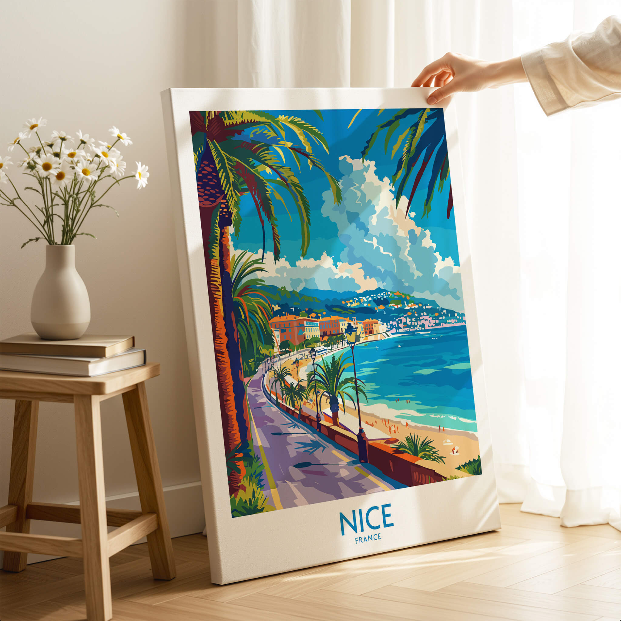 Nice Poster - France showcasing a vibrant beach scene with palm trees and blue skies.