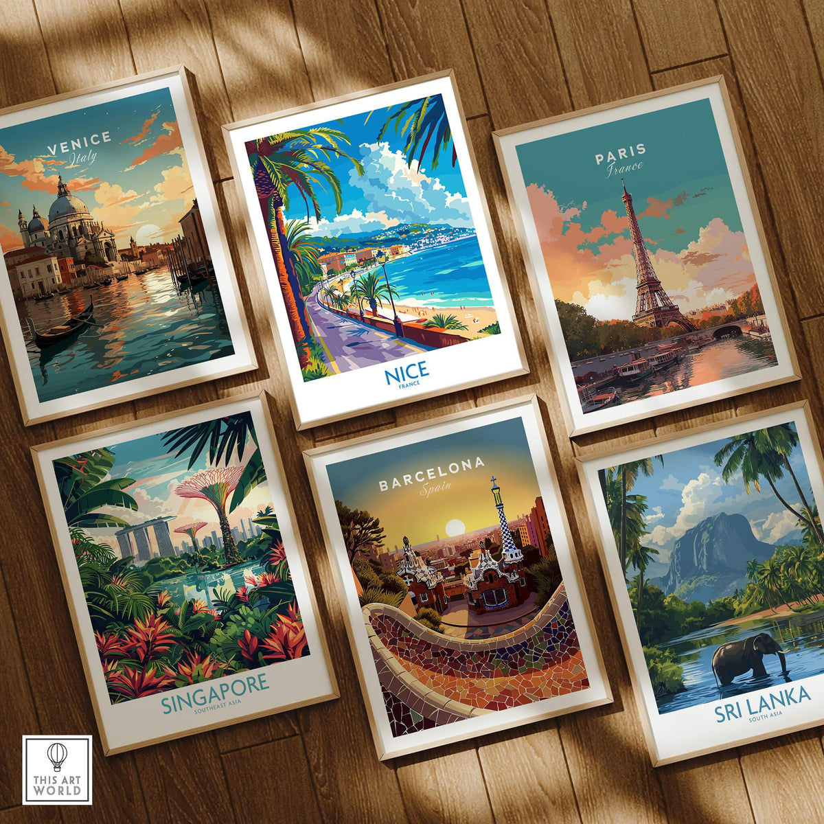 Nice Poster - France along with posters of Venice, Paris, Singapore, Barcelona, and Sri Lanka in a stylish display.