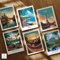 Nice Poster - France along with posters of Venice, Paris, Singapore, Barcelona, and Sri Lanka in a stylish display.