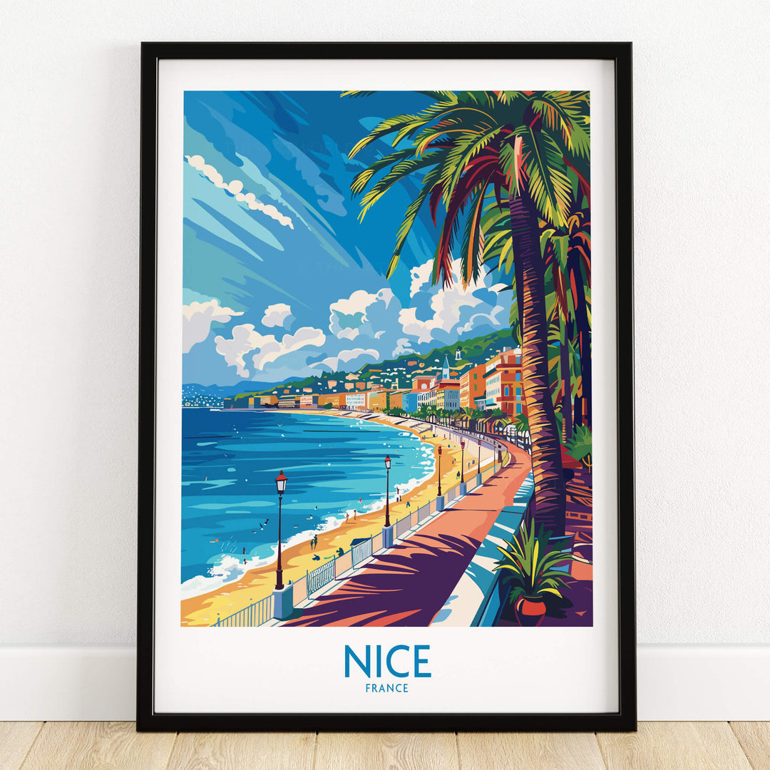 Nice Wall Art Poster - France featuring a vibrant beach scene in Nice with palm trees and colorful buildings.