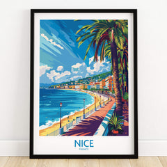 Nice Wall Art Poster - France featuring a vibrant beach scene in Nice with palm trees and colorful buildings.