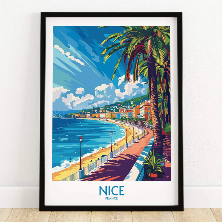 Nice Wall Art Poster - France featuring a vibrant beach scene in Nice with palm trees and colorful buildings.