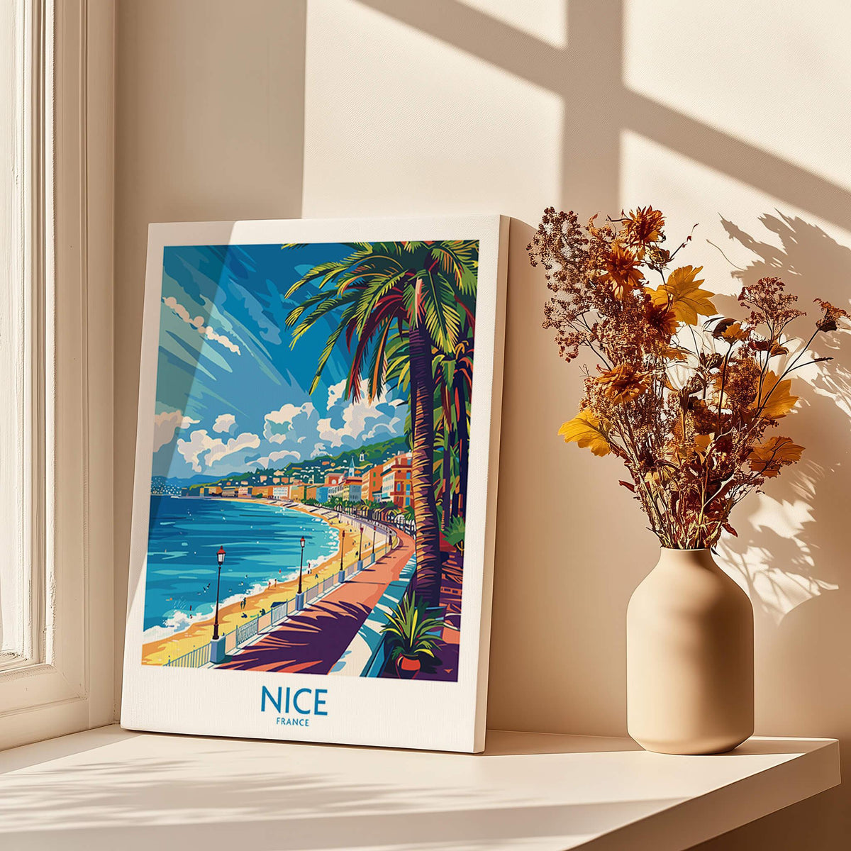 Nice Wall Art Poster - France showcasing a scenic view of Nice's coastline and palm trees in vibrant colors.