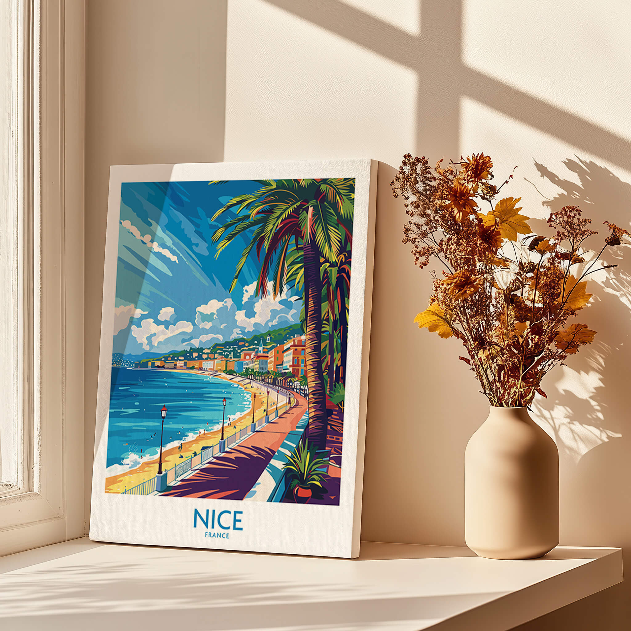 Nice Wall Art Poster - France showcasing a scenic view of Nice's coastline and palm trees in vibrant colors.
