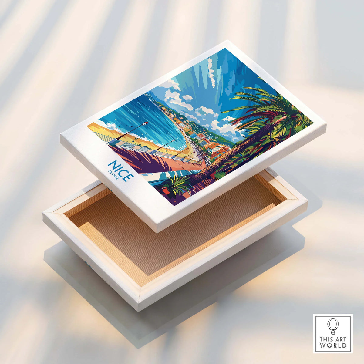 Nice Wall Art Poster - France displayed in an open box showcasing beautiful scenery of Nice.