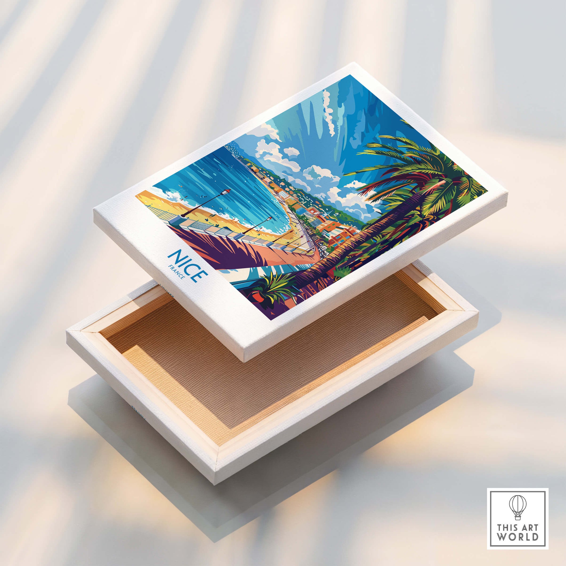 Nice Wall Art Poster - France displayed in an open box showcasing beautiful scenery of Nice.