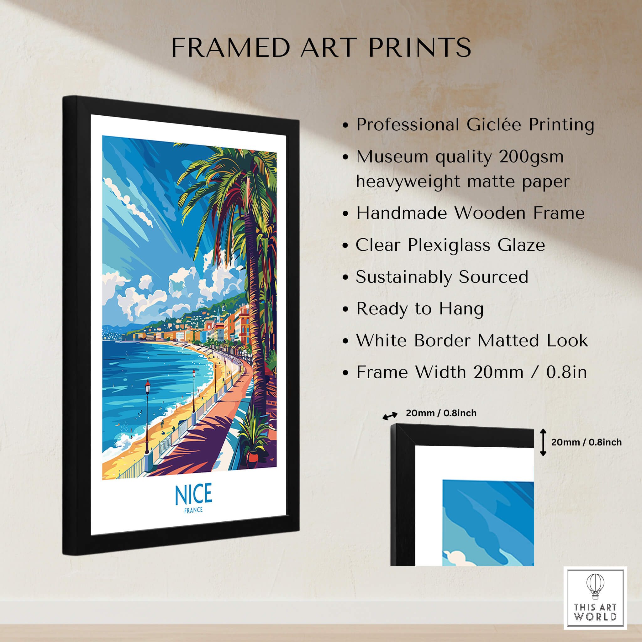 Nice Wall Art Poster - France with a beautiful coastal scene and a handmade wooden frame, perfect for home decor.