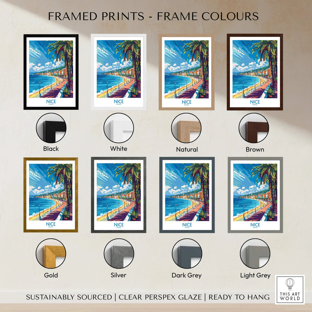 Framed prints in various colors with Nice wall art poster showcased, including black, white, natural, and brown frames.