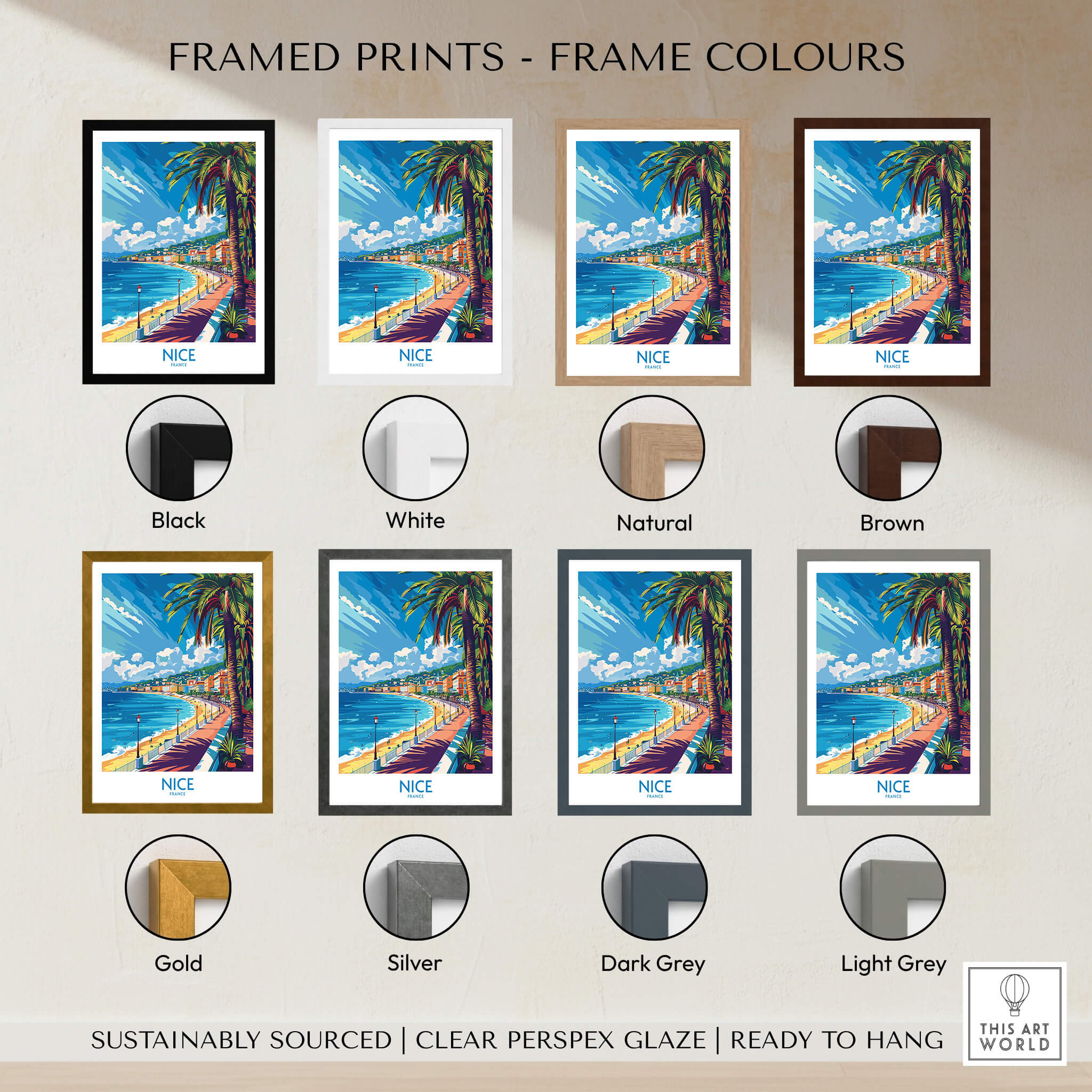Framed prints in various colors with Nice wall art poster showcased, including black, white, natural, and brown frames.