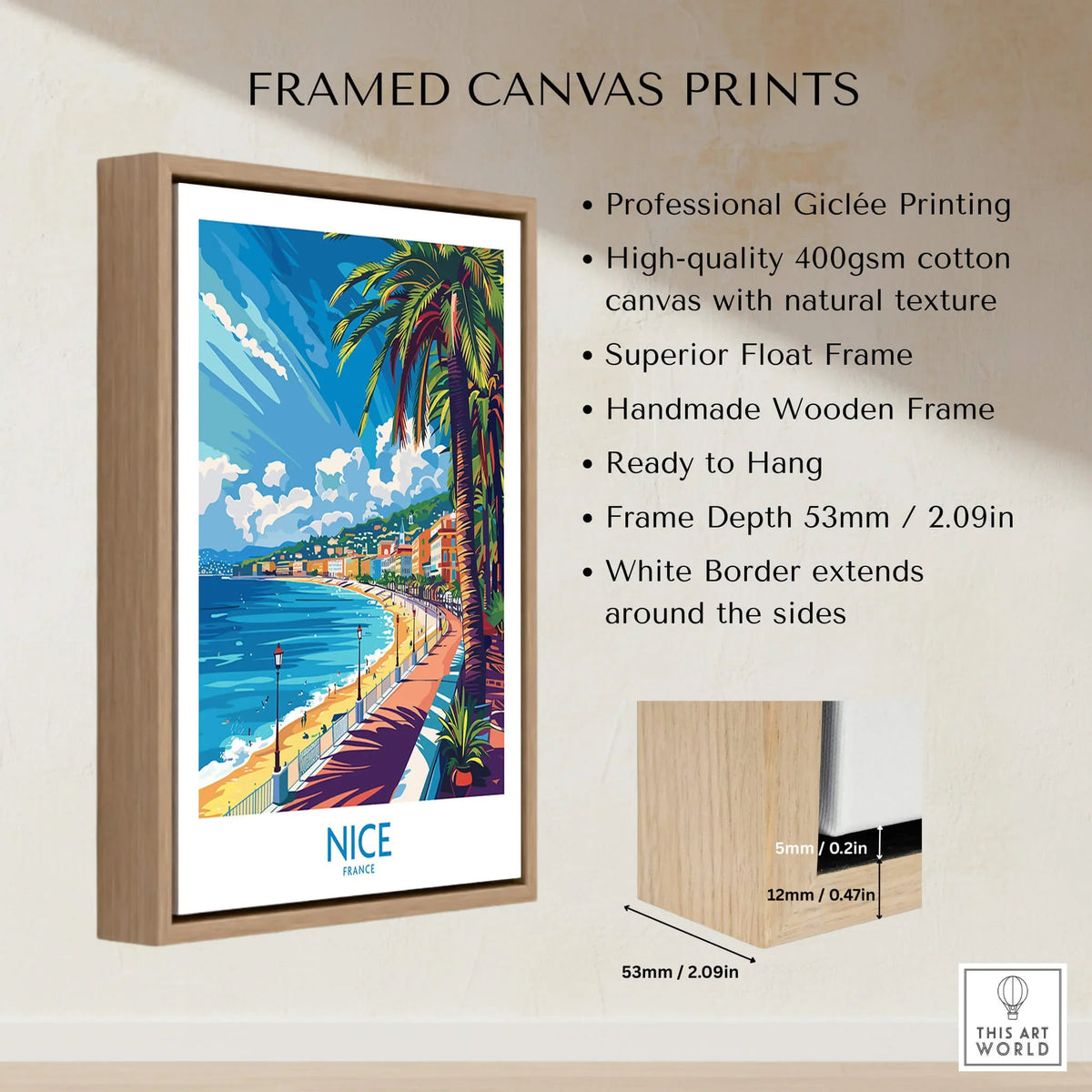 Nice Wall Art Poster - France displayed in a handmade wooden frame with vibrant French scenery.