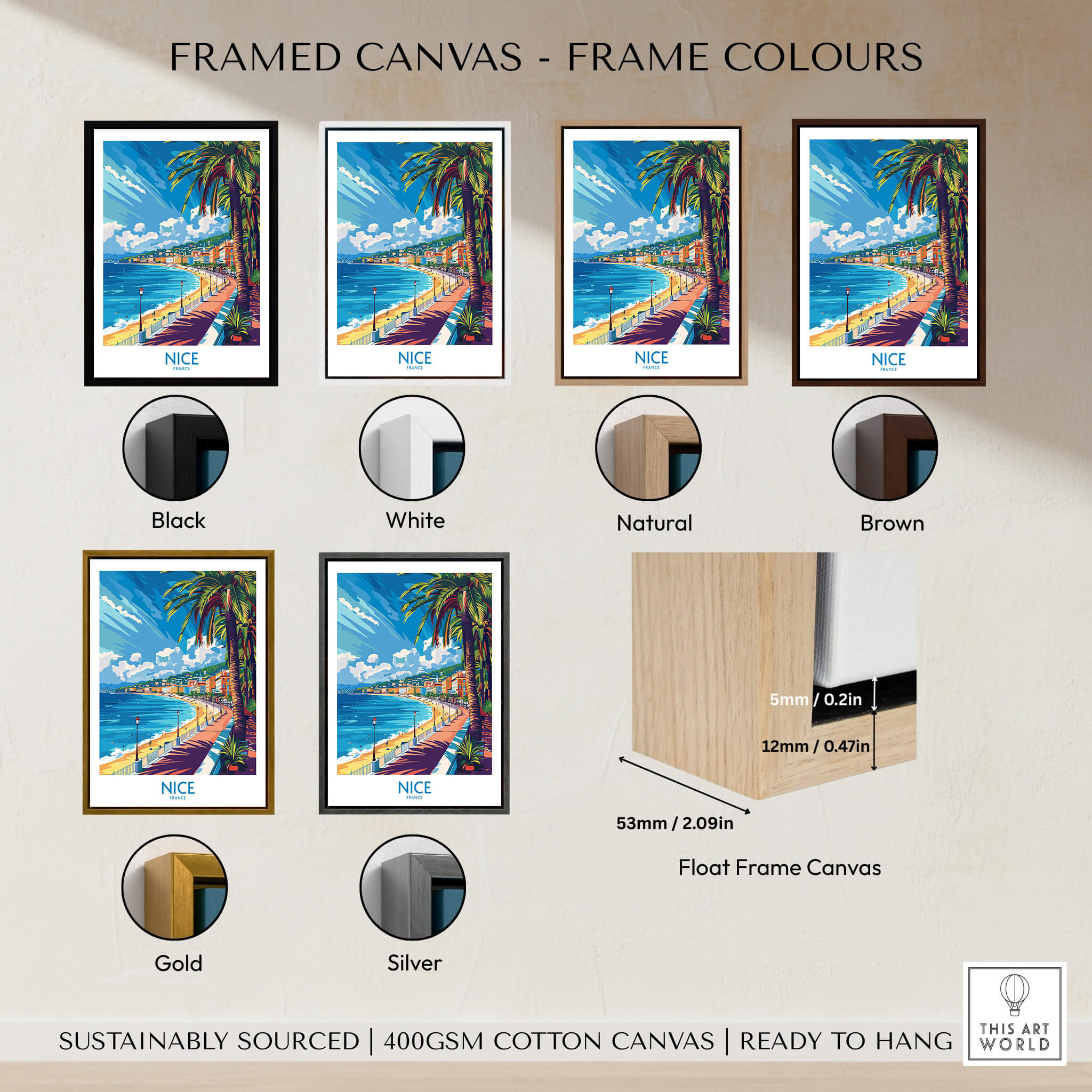 Framed canvas options for the Nice Wall Art Poster - France in various frame colors including black, white, natural, brown, gold, and silver.