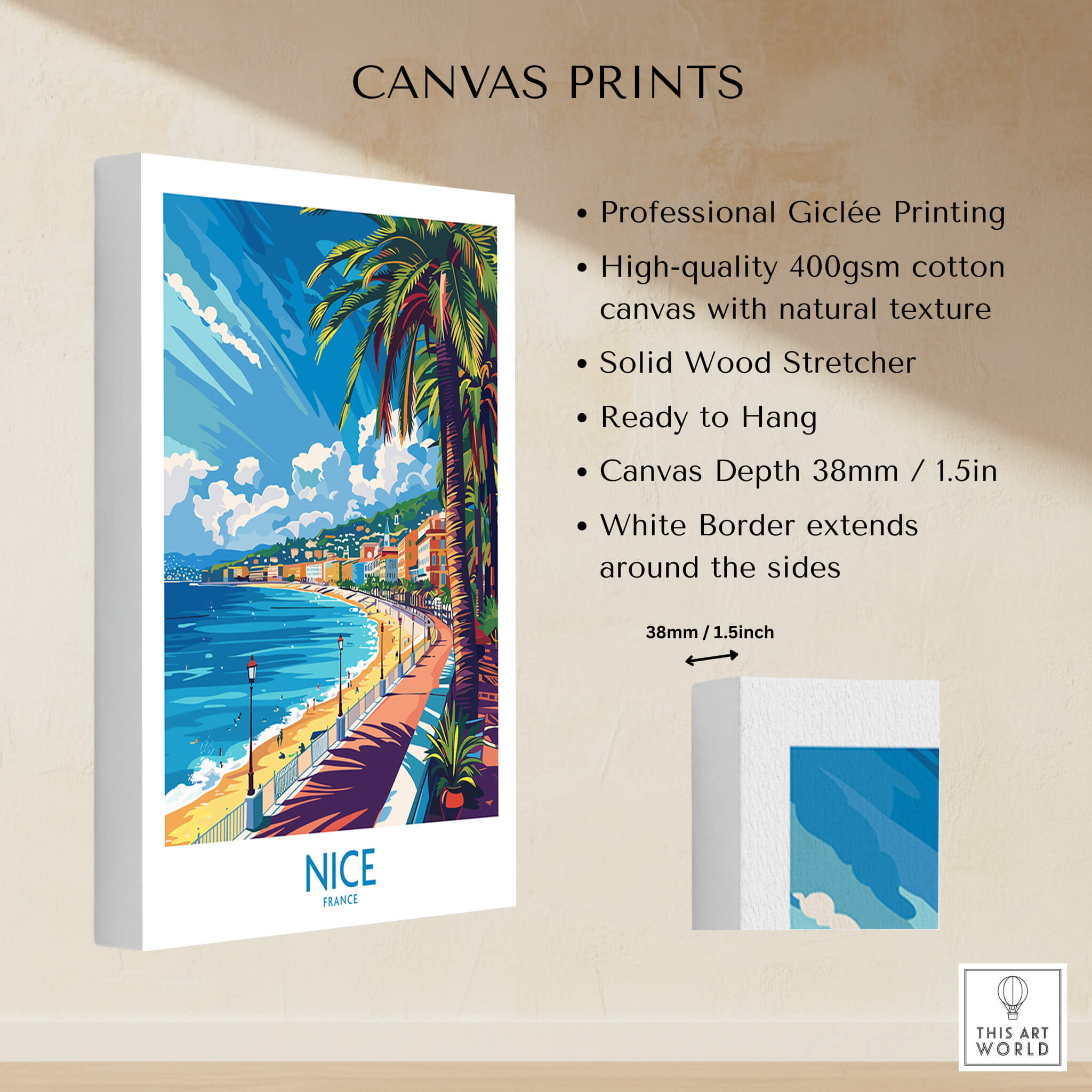 Nice Wall Art Poster - France showcasing vibrant scenery with palm trees and beach, perfect for home decor.