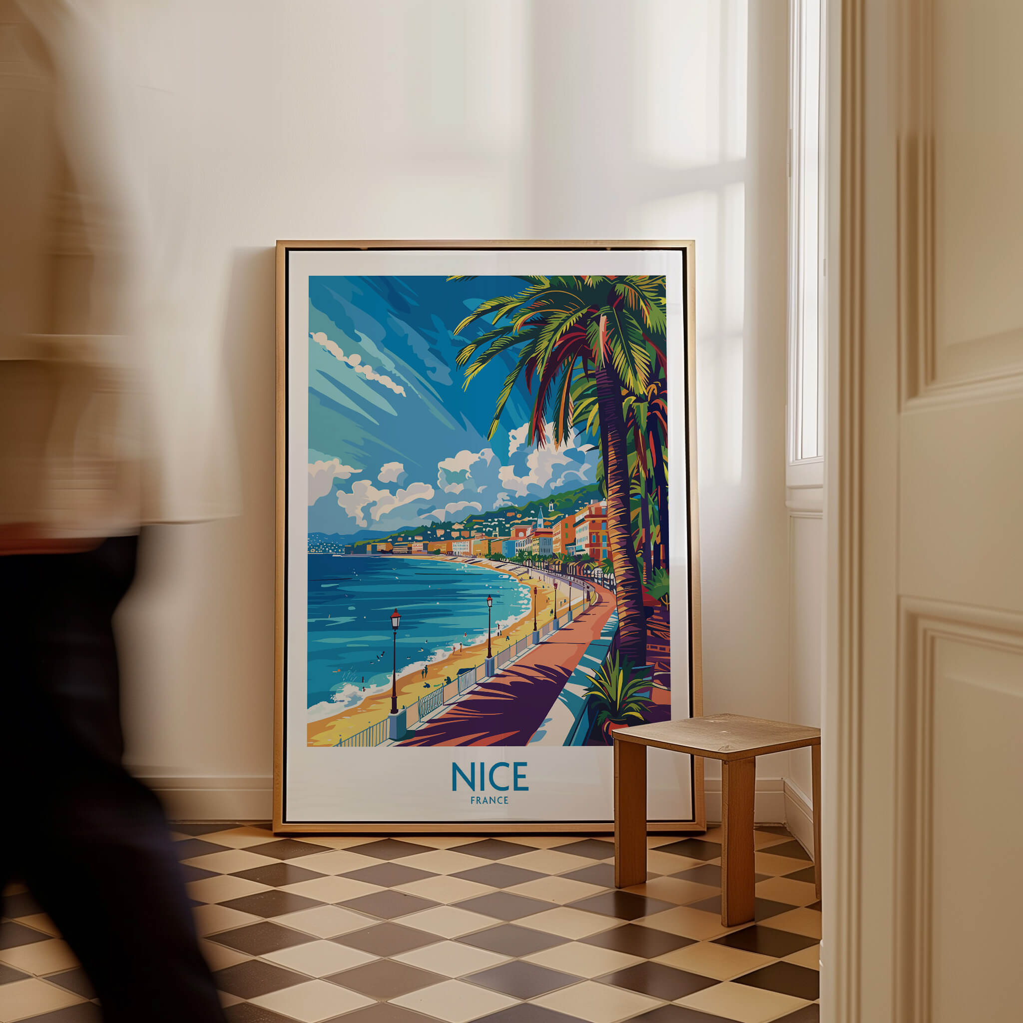 Nice Wall Art Poster - France featuring scenic views of Nice with palm trees and beach, elegant home decor.