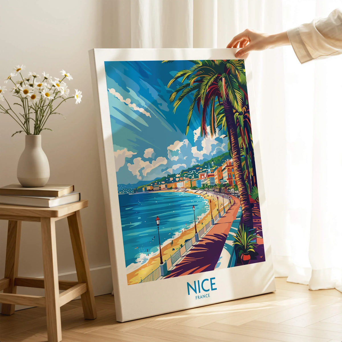 Nice Wall Art Poster - France showcasing vibrant beach scene of Nice with palm trees and scenic views.
