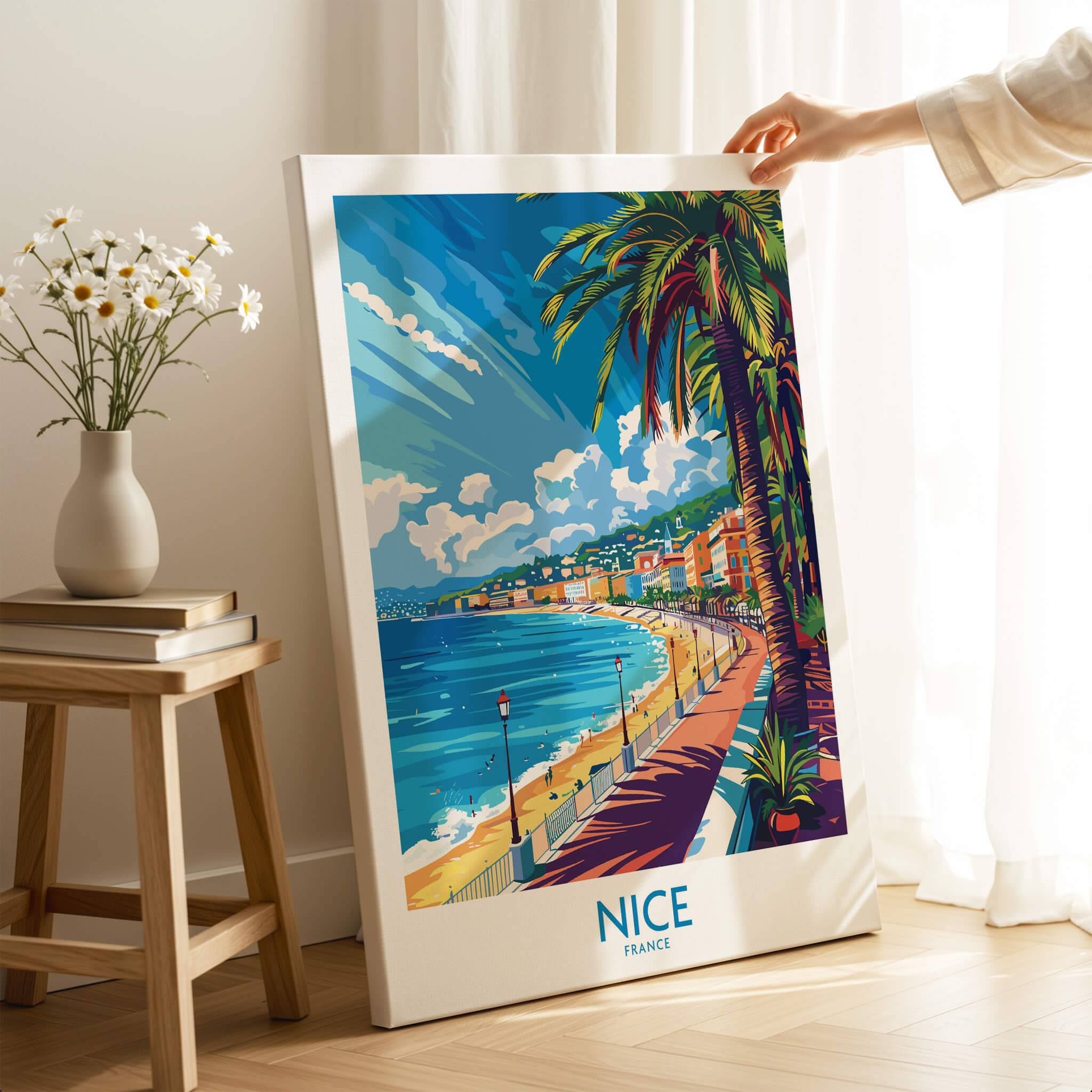 Nice Wall Art Poster - France showcasing vibrant beach scene of Nice with palm trees and scenic views.
