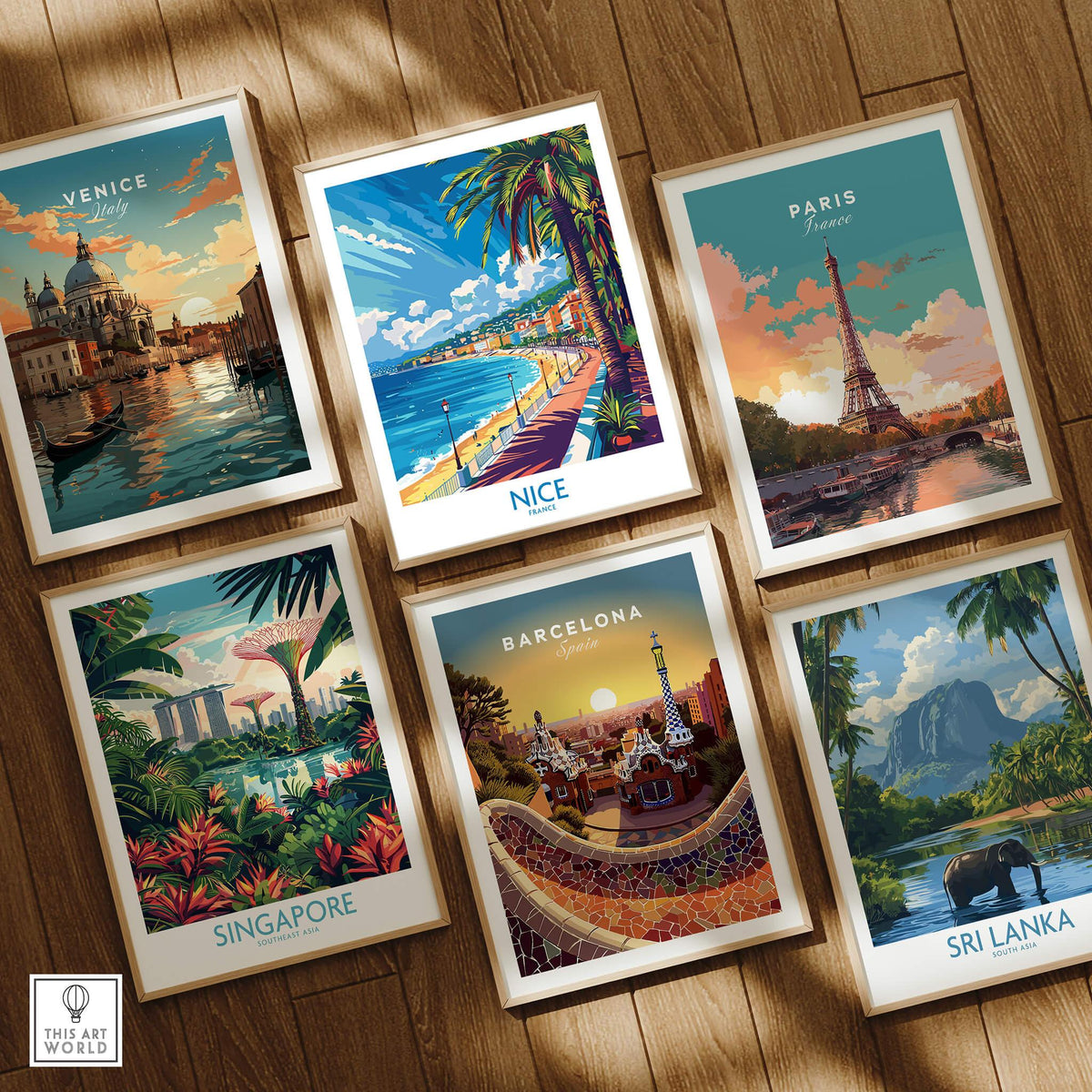 Nice Wall Art Poster - France displayed among travel posters of Venice, Paris, Singapore, Barcelona, and Sri Lanka.