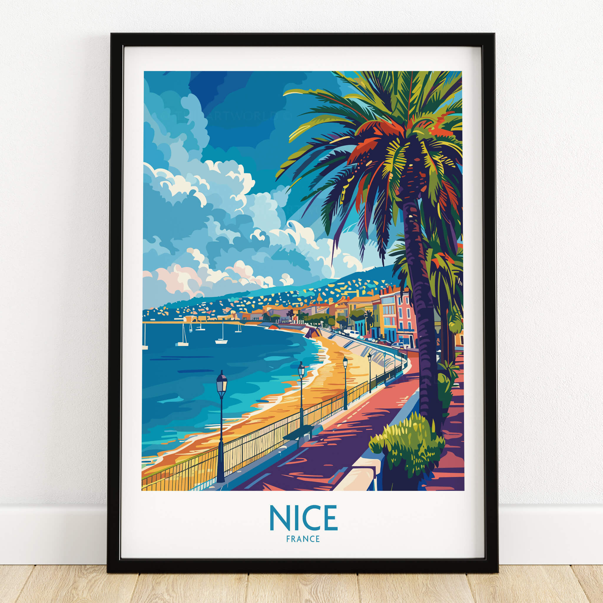 Nice Poster - French Riviera showcasing a vibrant beach scene of Nice, France with palm trees and azure waters.