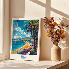 Nice Poster - French Riviera showcasing iconic coastline, palm trees, and vibrant colors in a sunlit room.