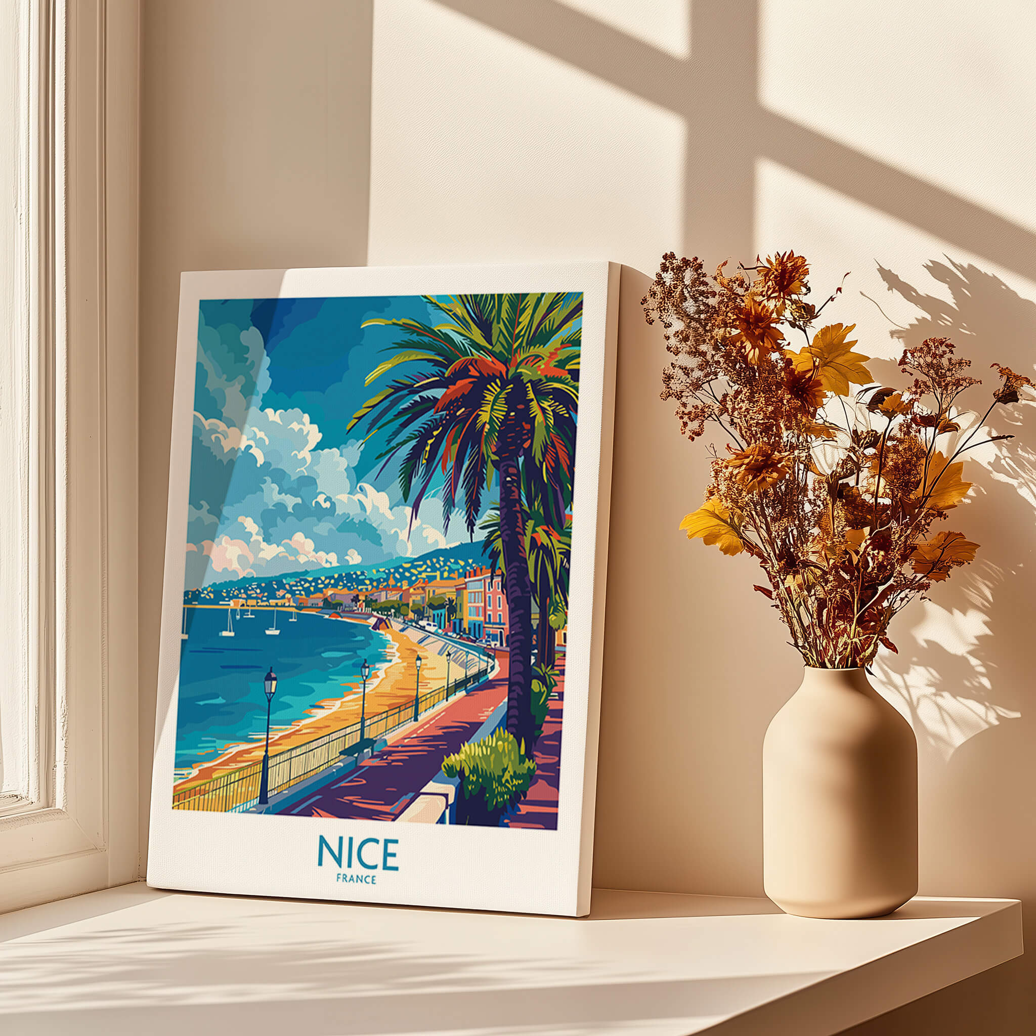 Nice Poster - French Riviera showcasing iconic coastline, palm trees, and vibrant colors in a sunlit room.