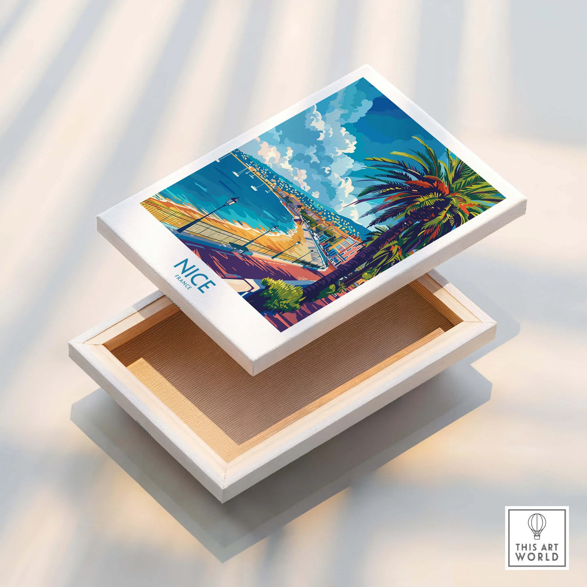 Nice Poster - French Riviera artwork displayed on a white box, showcasing the iconic scenery of Nice.