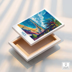 Nice Poster - French Riviera artwork displayed on a white box, showcasing the iconic scenery of Nice.
