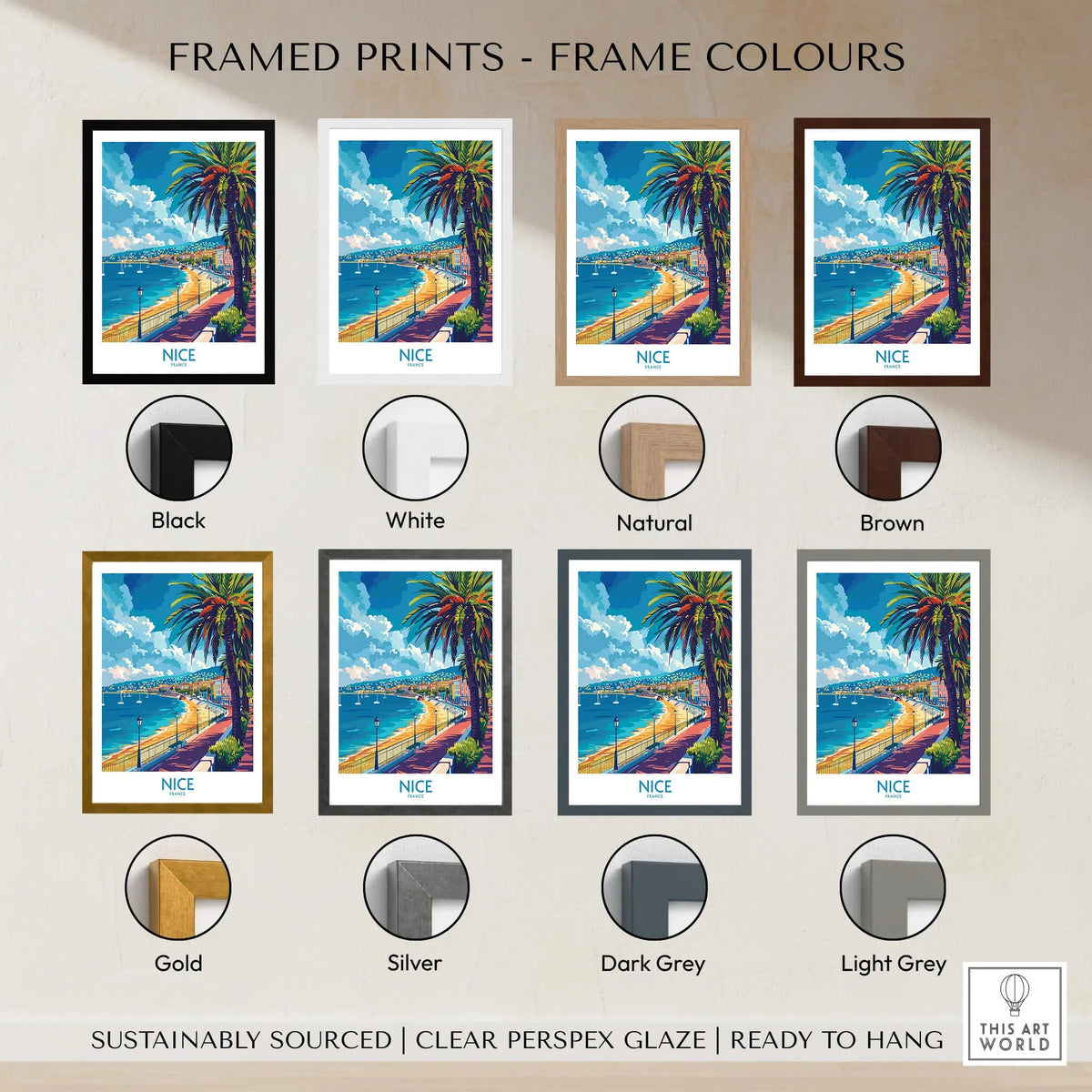 Nice Poster - French Riviera framed print display with various frame color options.