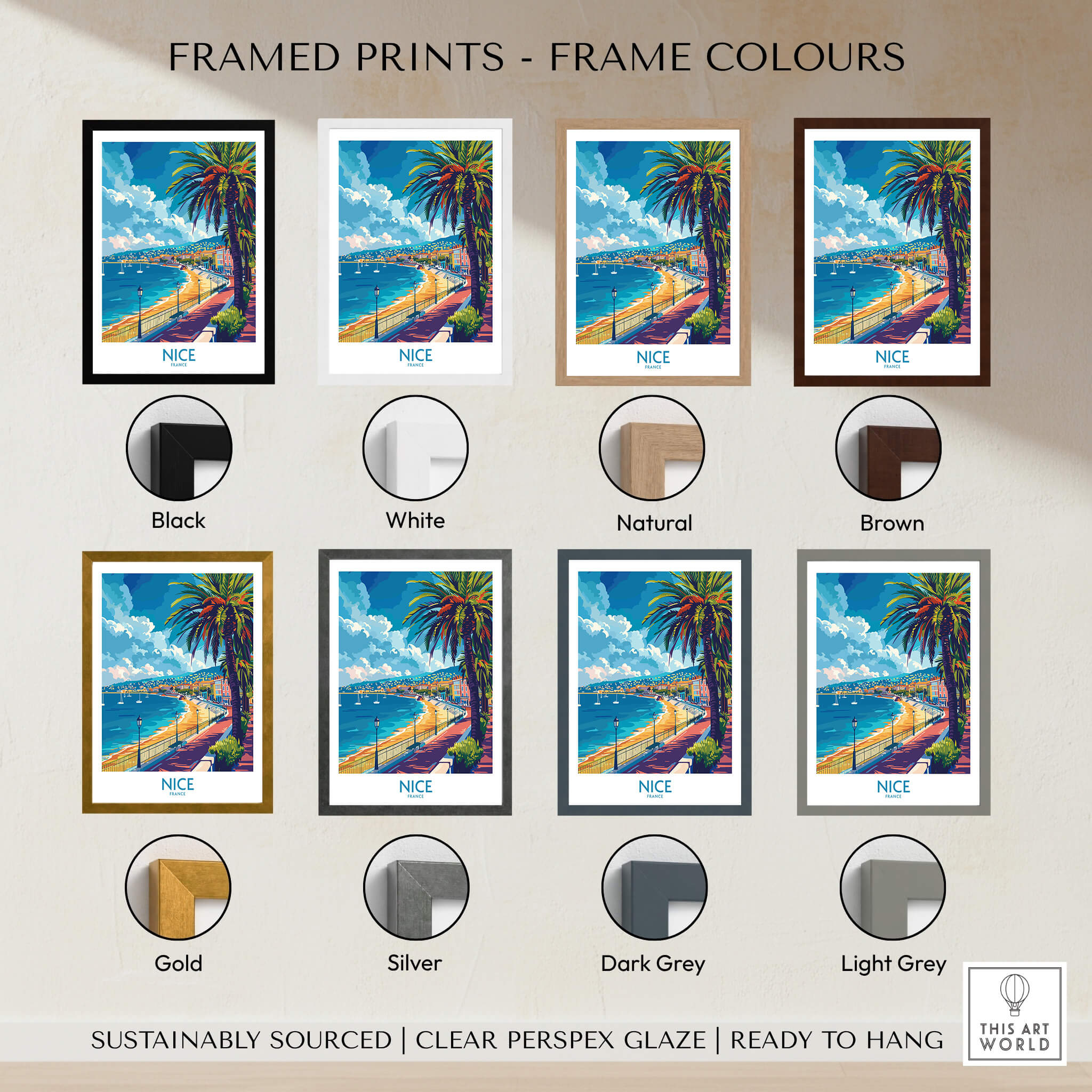 Nice Poster - French Riviera framed print display with various frame color options.