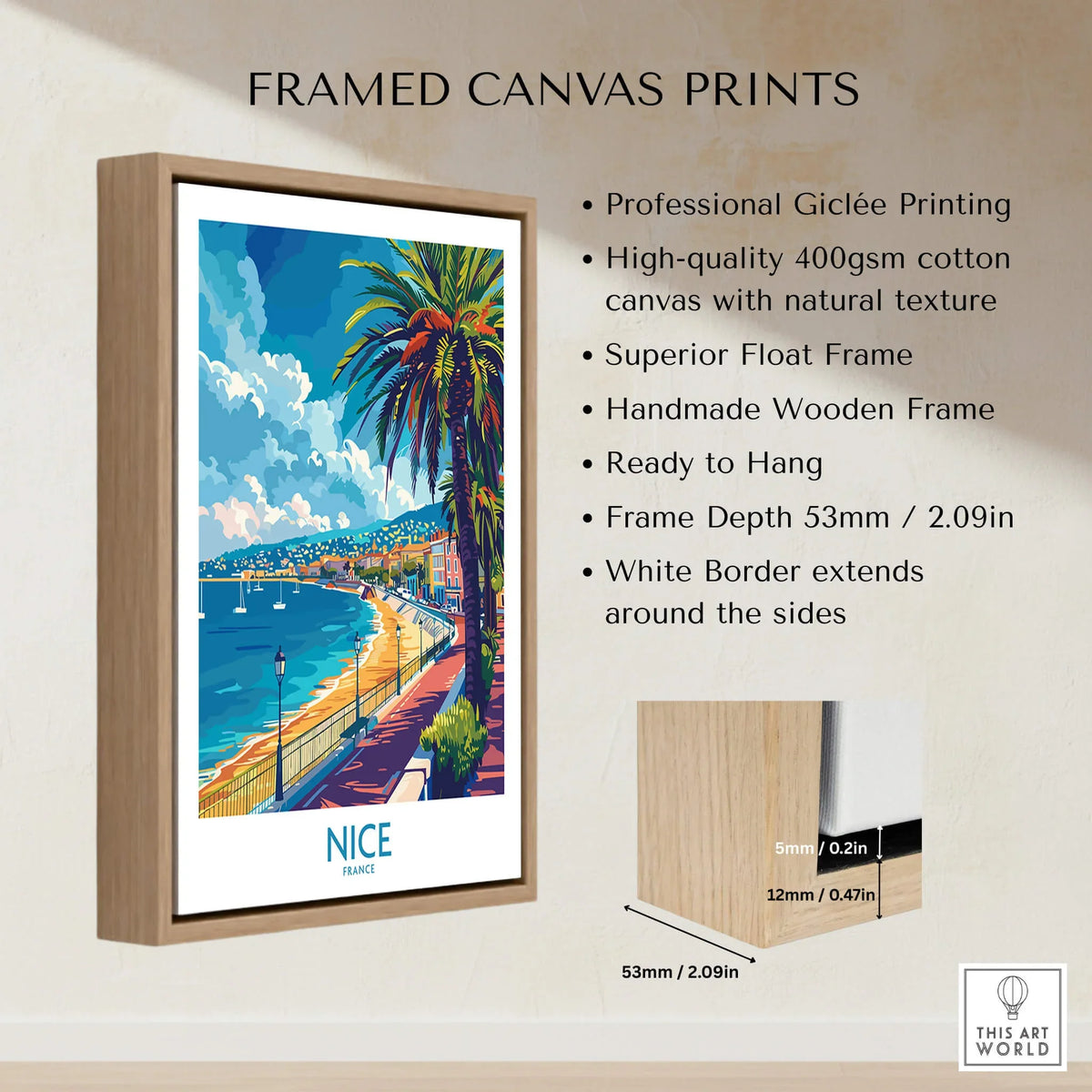 Nice Poster - French Riviera framed canvas print showcasing Mediterranean coastline and palm trees.