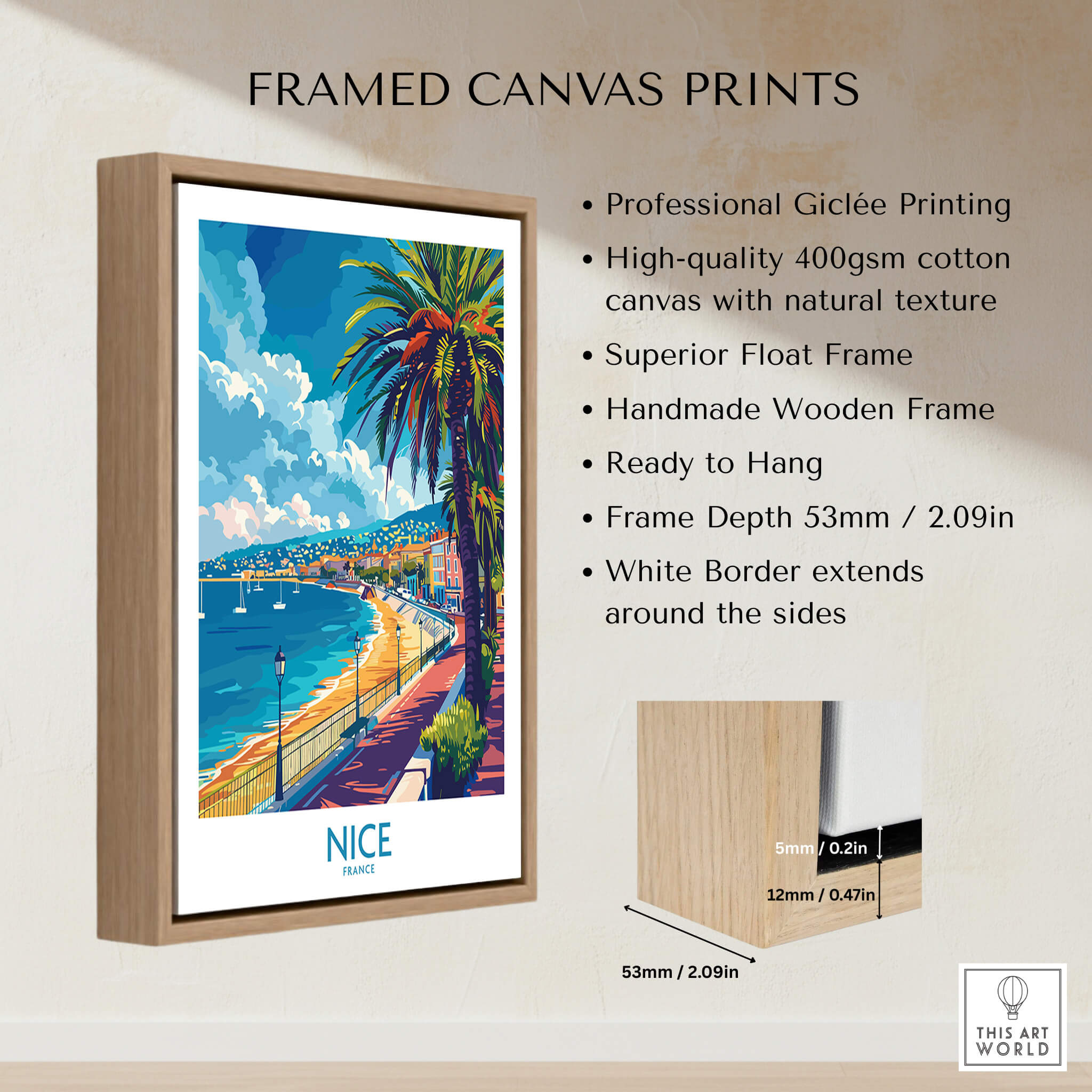 Nice Poster - French Riviera framed canvas print showcasing Mediterranean coastline and palm trees.