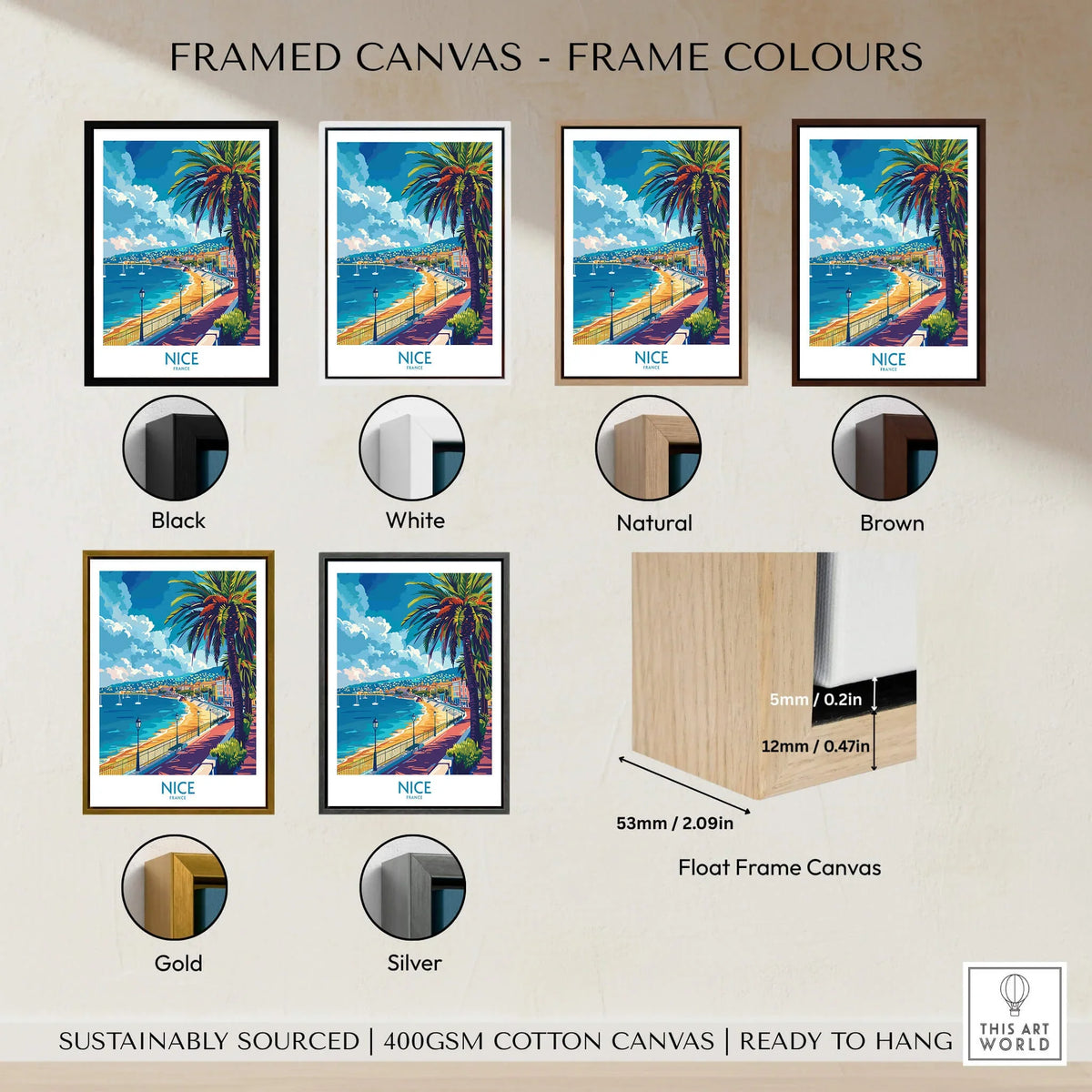 Framed canvas options for Nice Poster - French Riviera in various colours including black, white, natural, brown, gold, and silver.