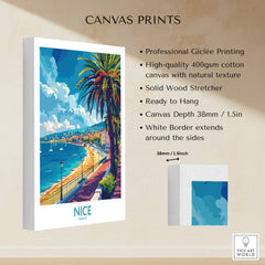 Nice Poster - French Riviera displaying vibrant coastal scenery and palm trees on a canvas print.