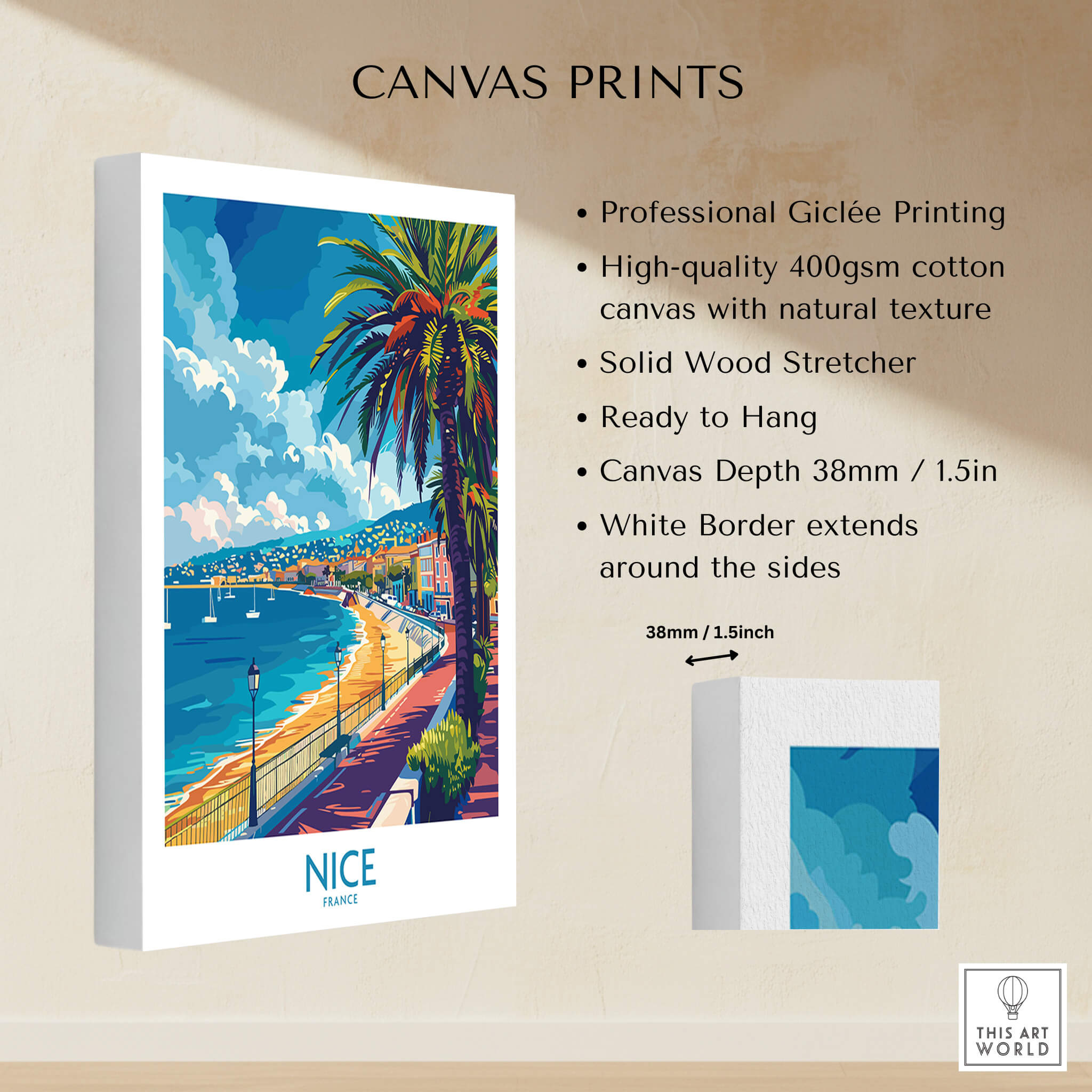 Nice Poster - French Riviera displaying vibrant coastal scenery and palm trees on a canvas print.