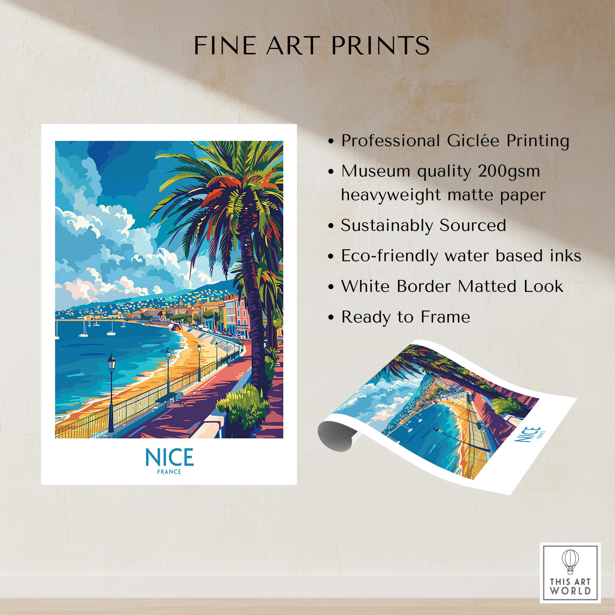 Nice Poster - French Riviera showcasing vibrant coastline and palm trees, perfect for travel-inspired decor.