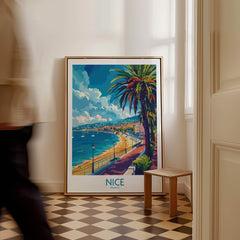 Nice Poster - French Riviera showcasing the vibrant coastline and palm trees of Nice, France.