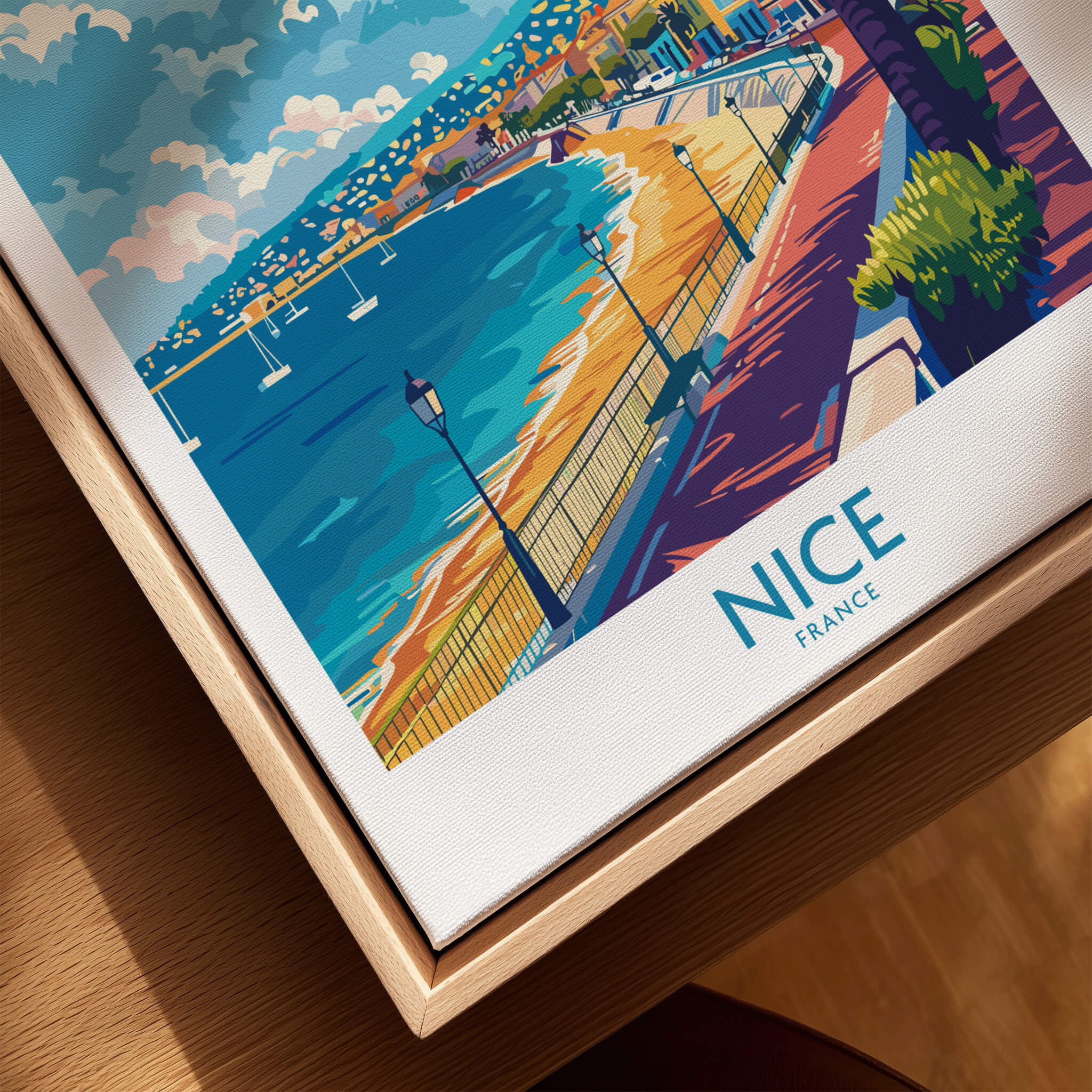 Nice Poster - French Riviera artwork featuring the scenic shoreline and azure waters of Nice, France.