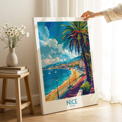 Nice Poster - French Riviera artwork featuring a vibrant beach scene with palm trees and azure waters.