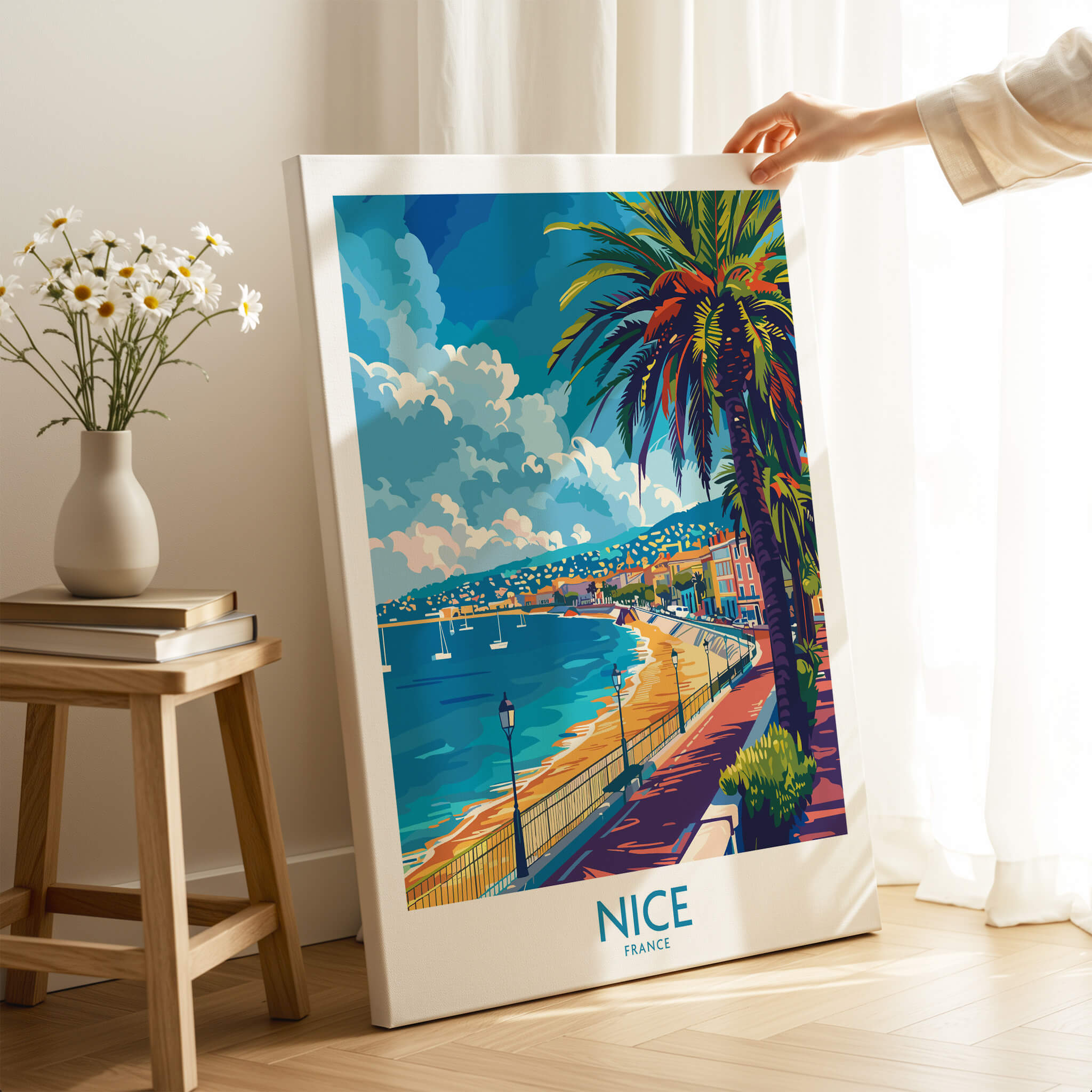 Nice Poster - French Riviera artwork featuring a vibrant beach scene with palm trees and azure waters.